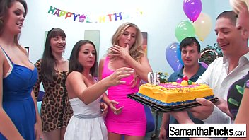 Samantha’s big tits bounce during a wild birthday party