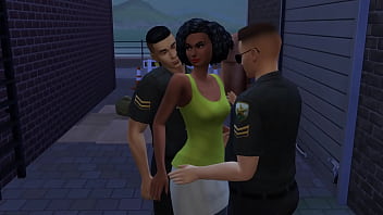 Ebony barmaid takes on two cops in an outdoor gangbang